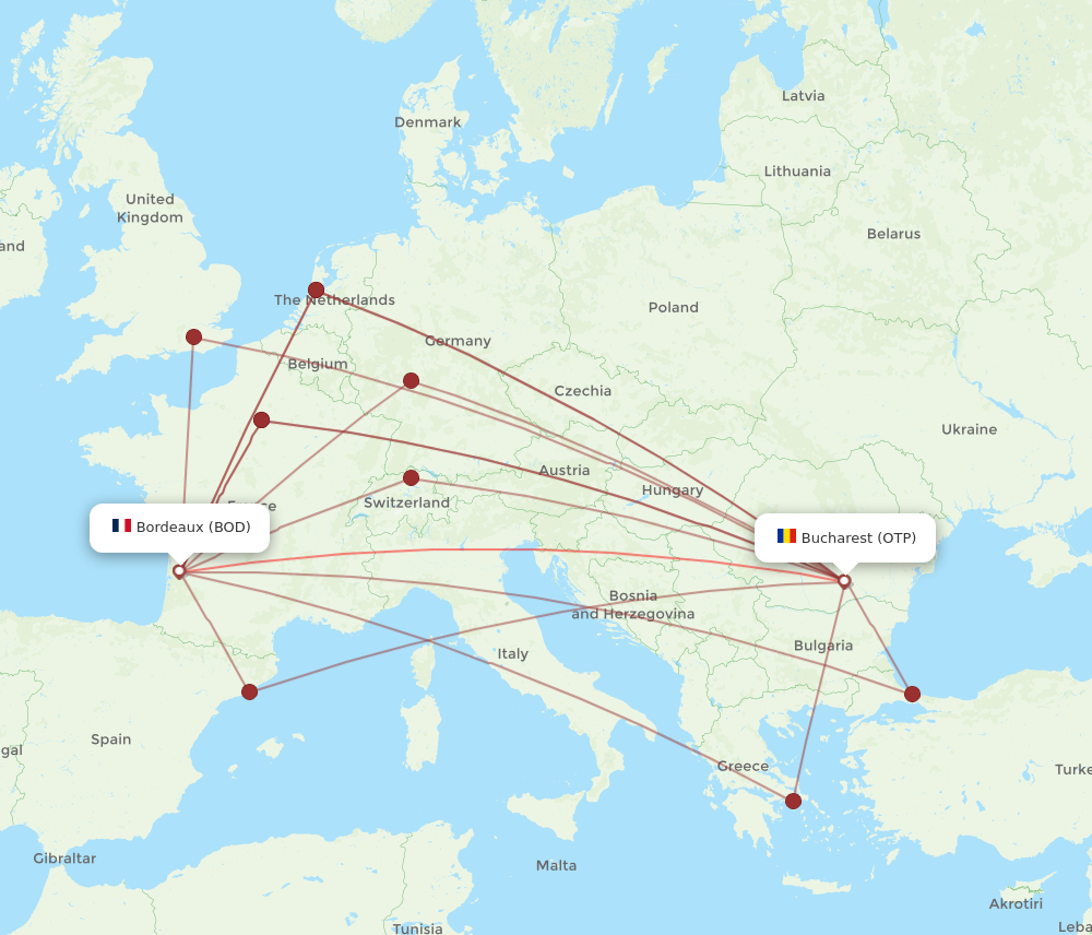 BOD to OTP flights and routes map