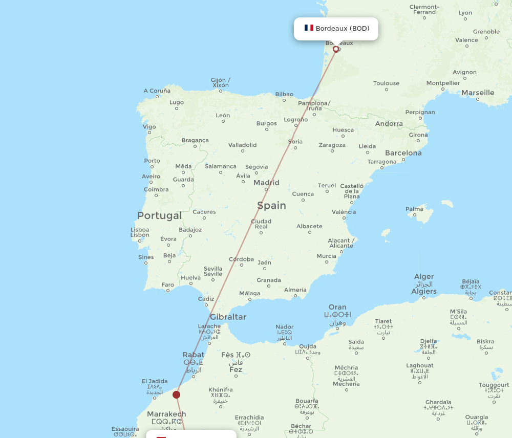 Ouarzazate - Bordeaux route map and flight paths