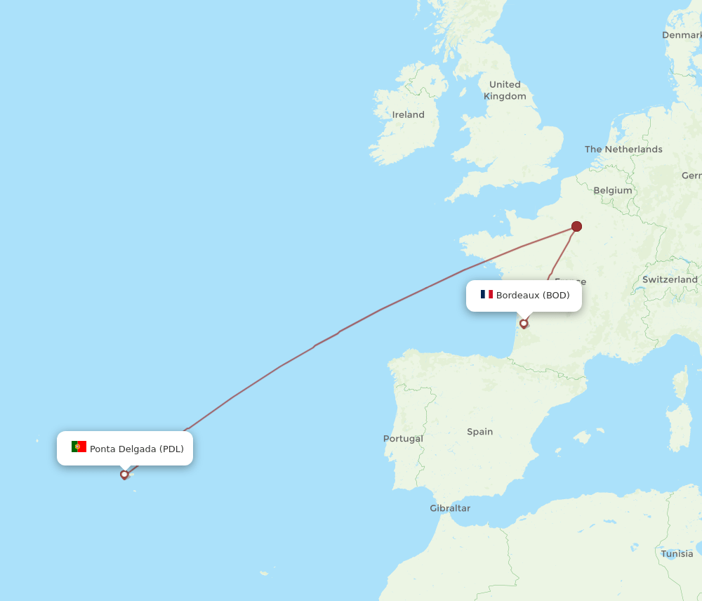 Ponta Delgada (Azores) - Bordeaux route map and flight paths