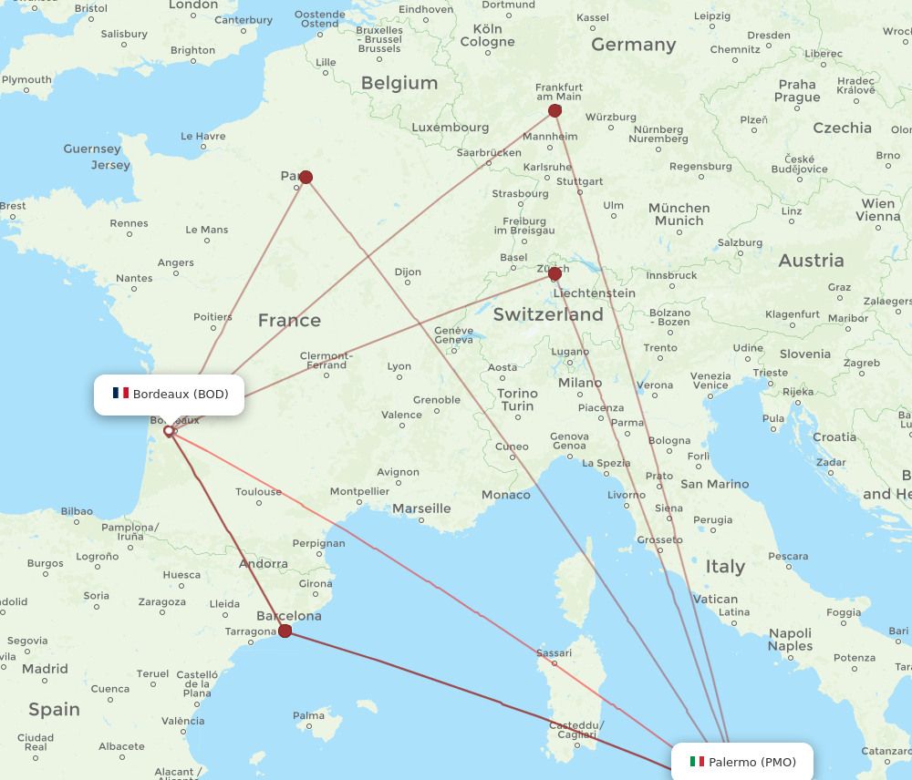 BOD to PMO flights and routes map