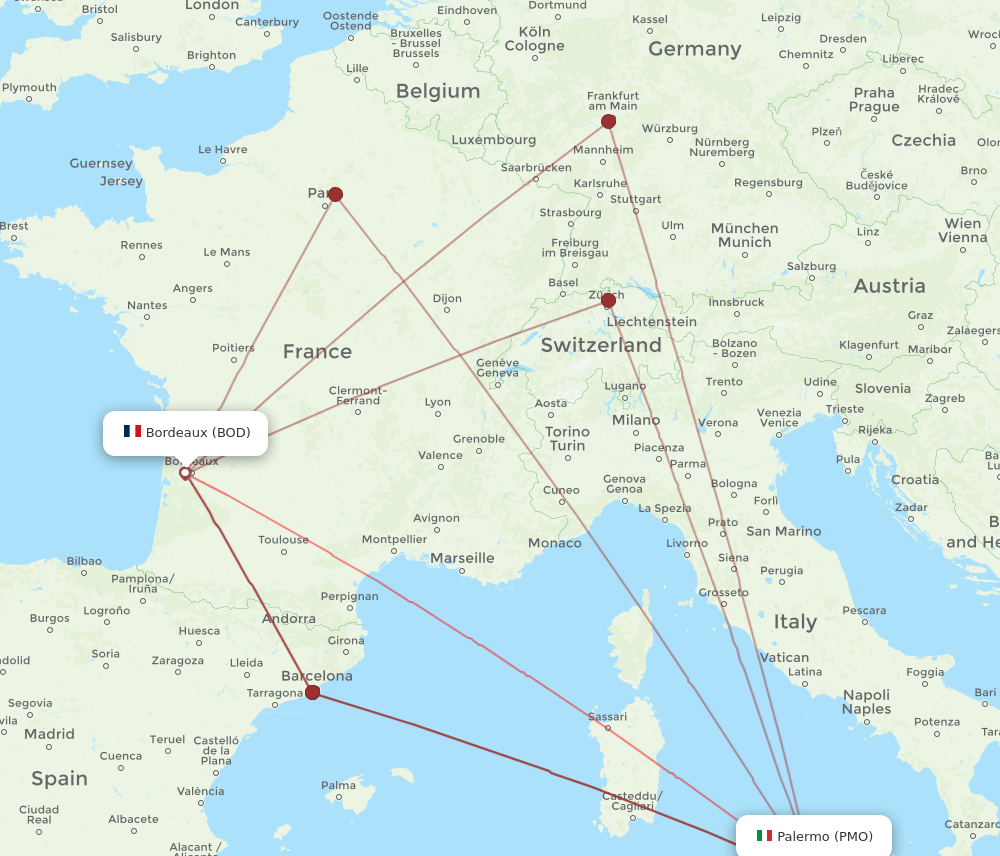 BOD to PMO flights and routes map