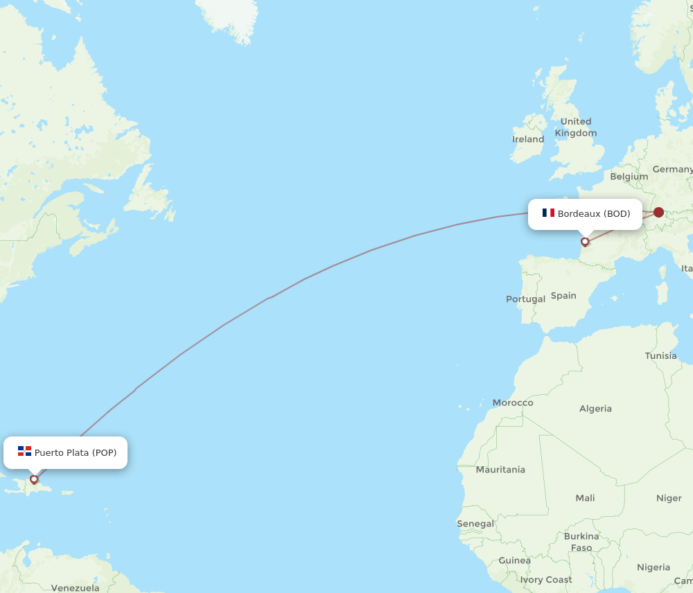 Puerto Plata - Bordeaux route map and flight paths
