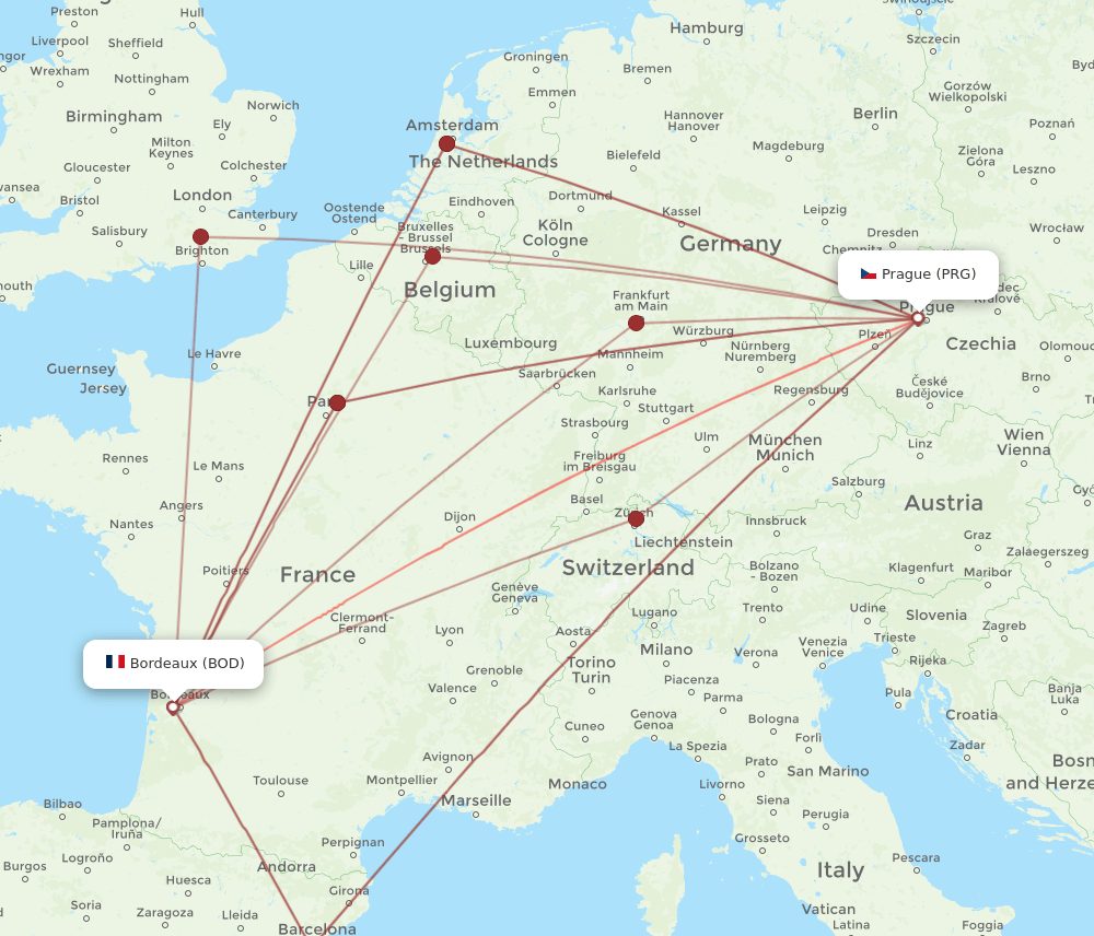 BOD-PRG flight routes
