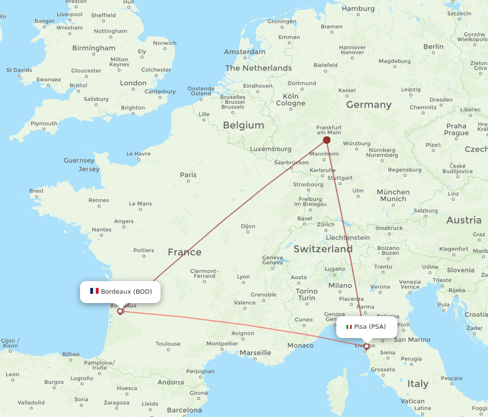 Bordeaux - Pisa route map and flight paths