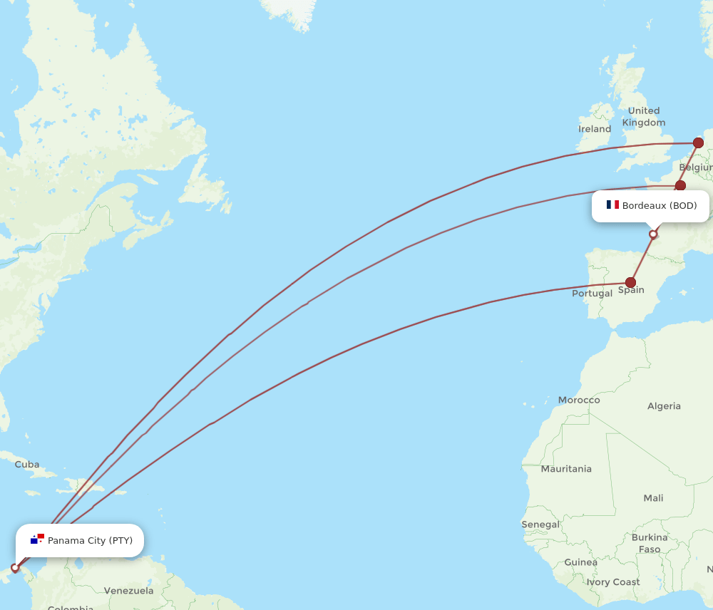 BOD-PTY flight routes