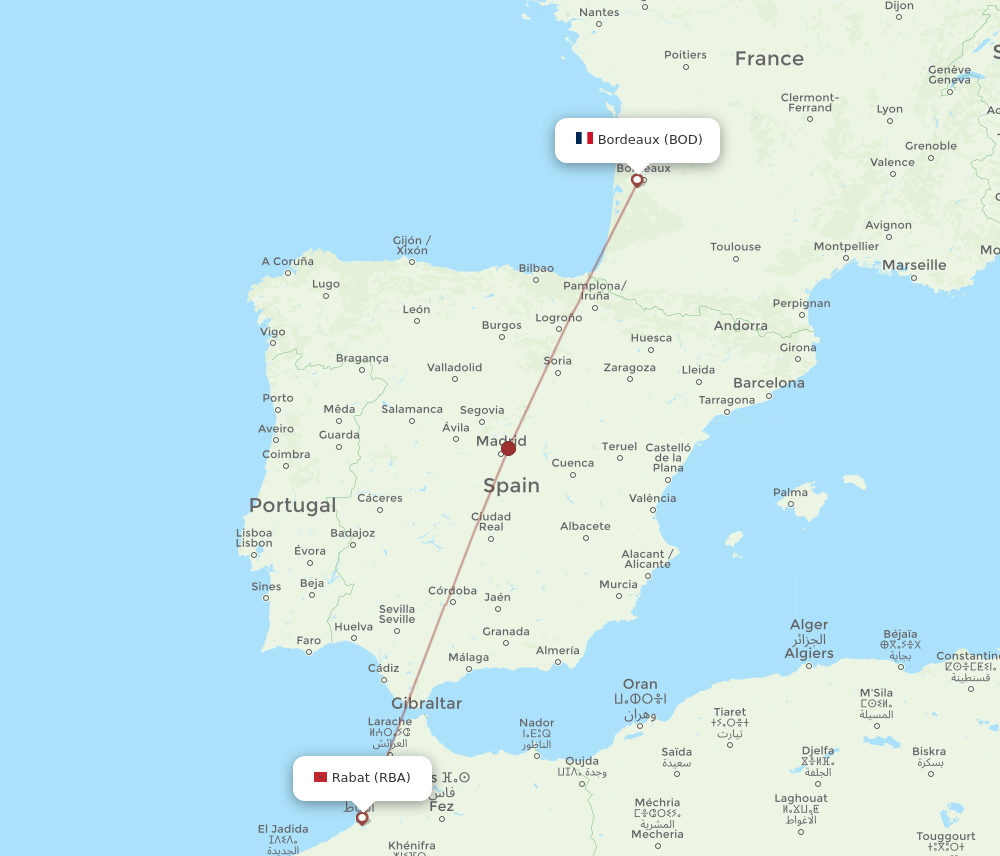 Bordeaux - Rabat route map and flight paths