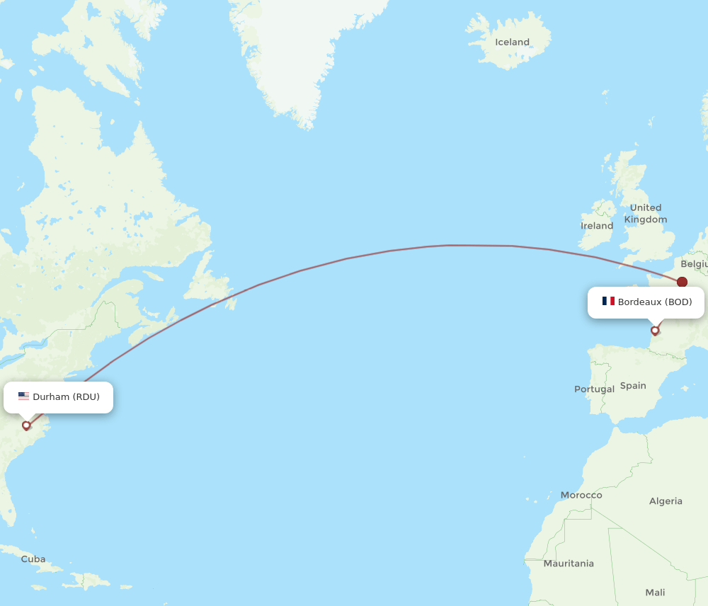 BOD to RDU flights and routes map