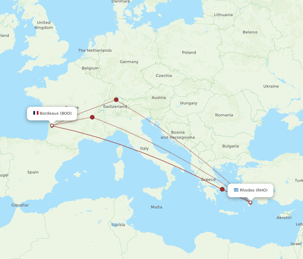 BOD to RHO flights and routes map