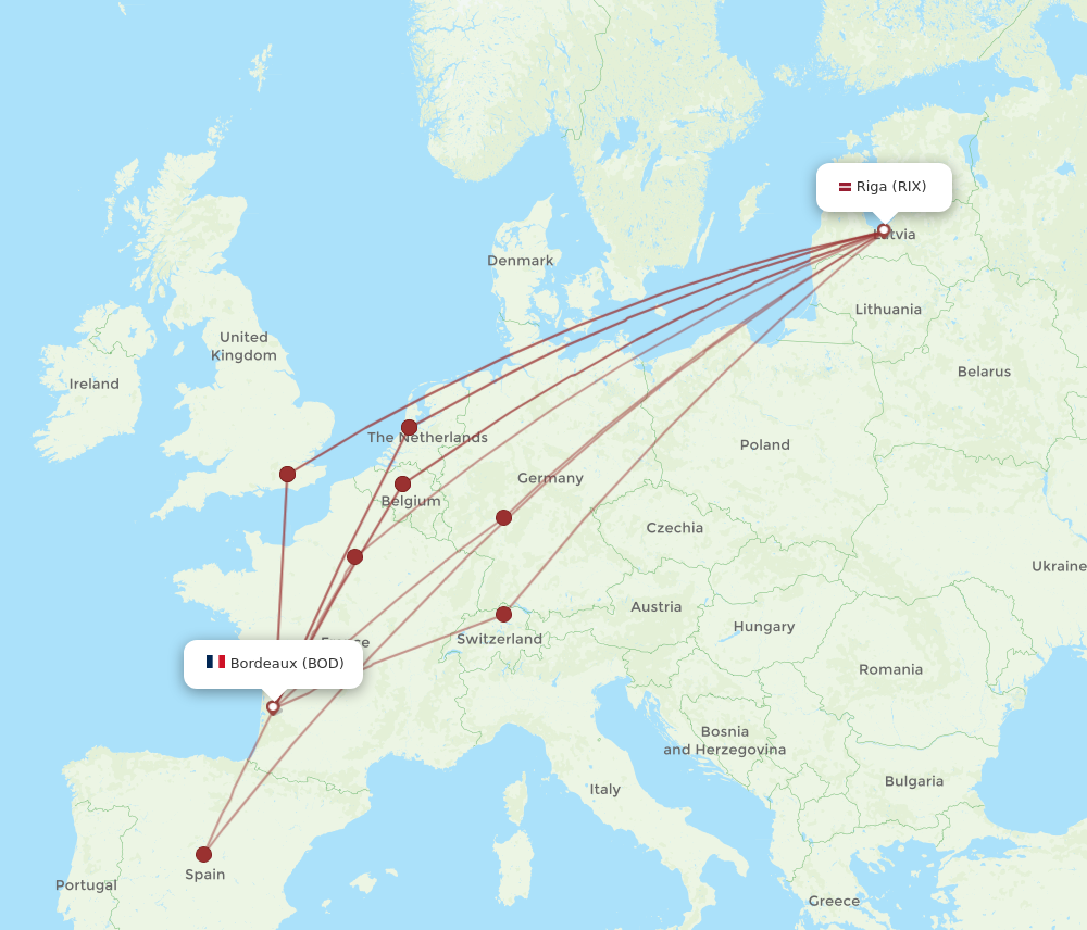 BOD to RIX flights and routes map