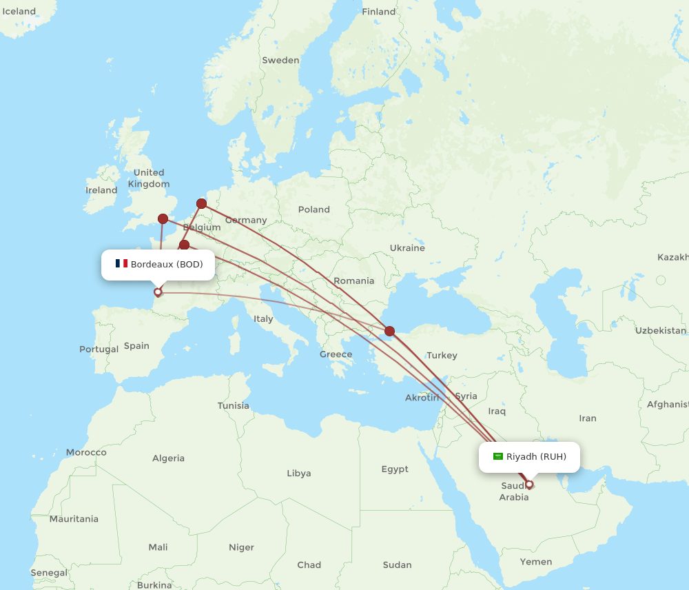 BOD-RUH flight routes