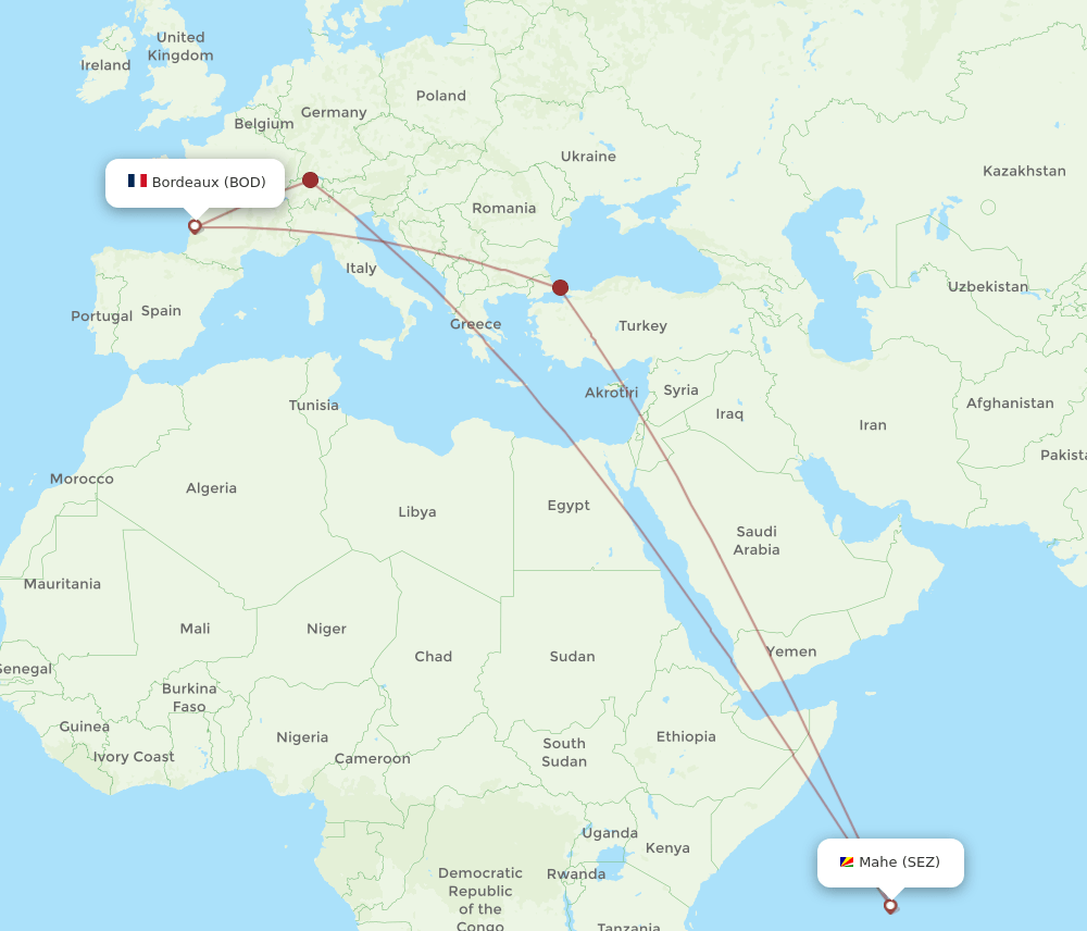 BOD to SEZ flights and routes map