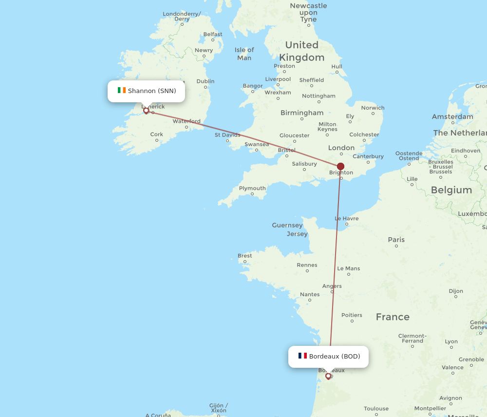 Shannon - Bordeaux route map and flight paths