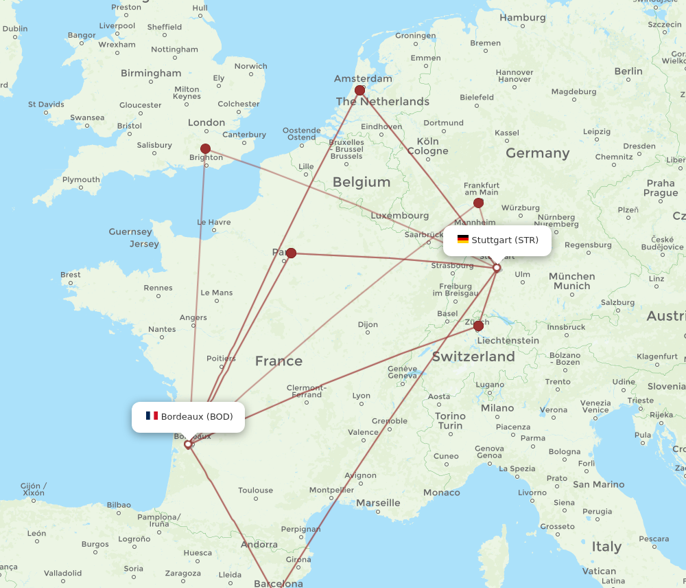 BOD to STR flights and routes map