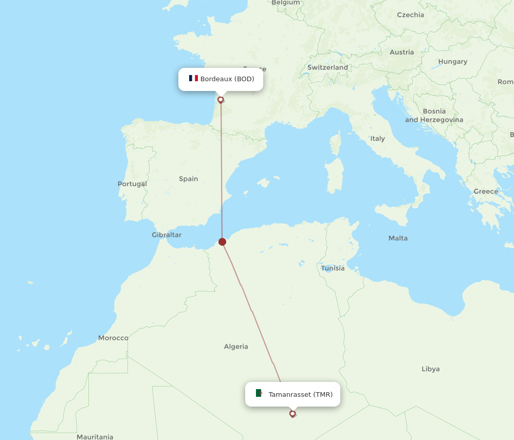 Tamanrasset - Bordeaux route map and flight paths