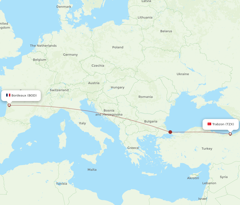 BOD to TZX flights and routes map
