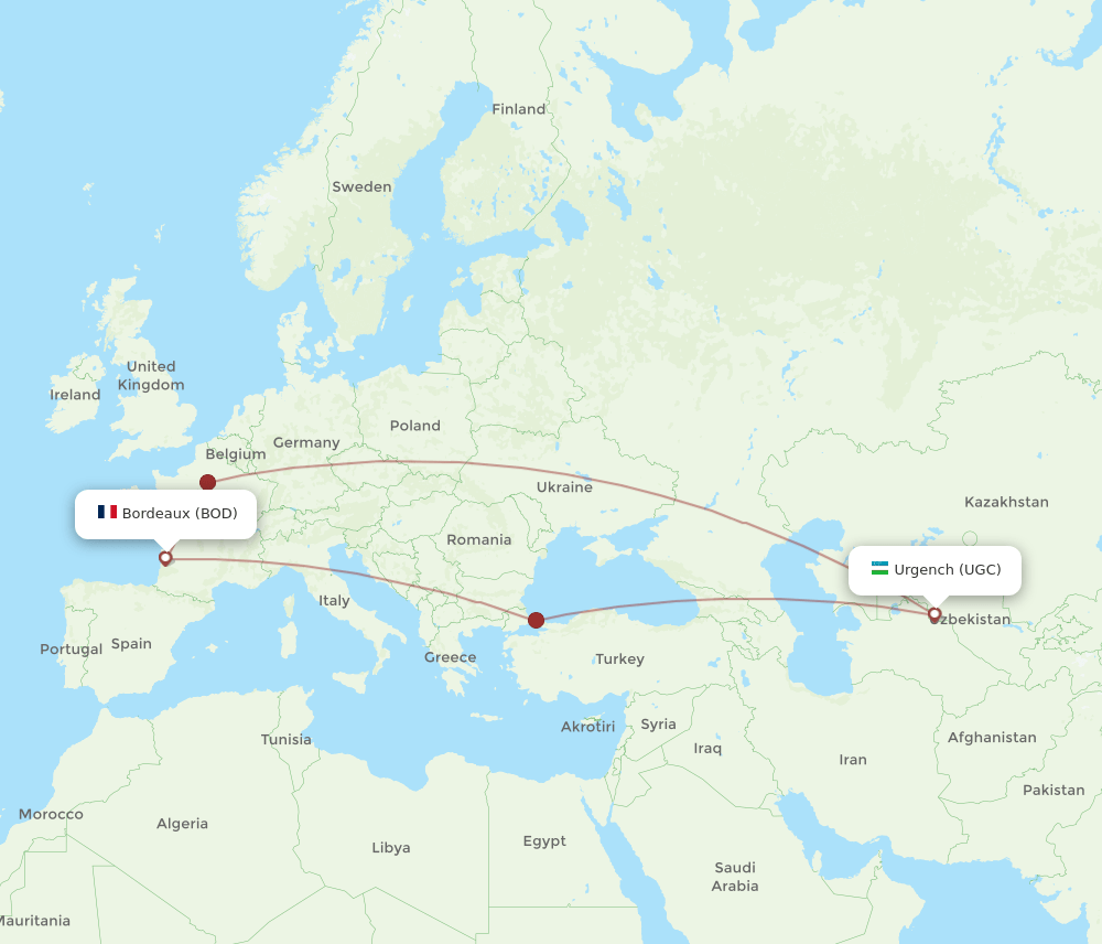 BOD to UGC flights and routes map