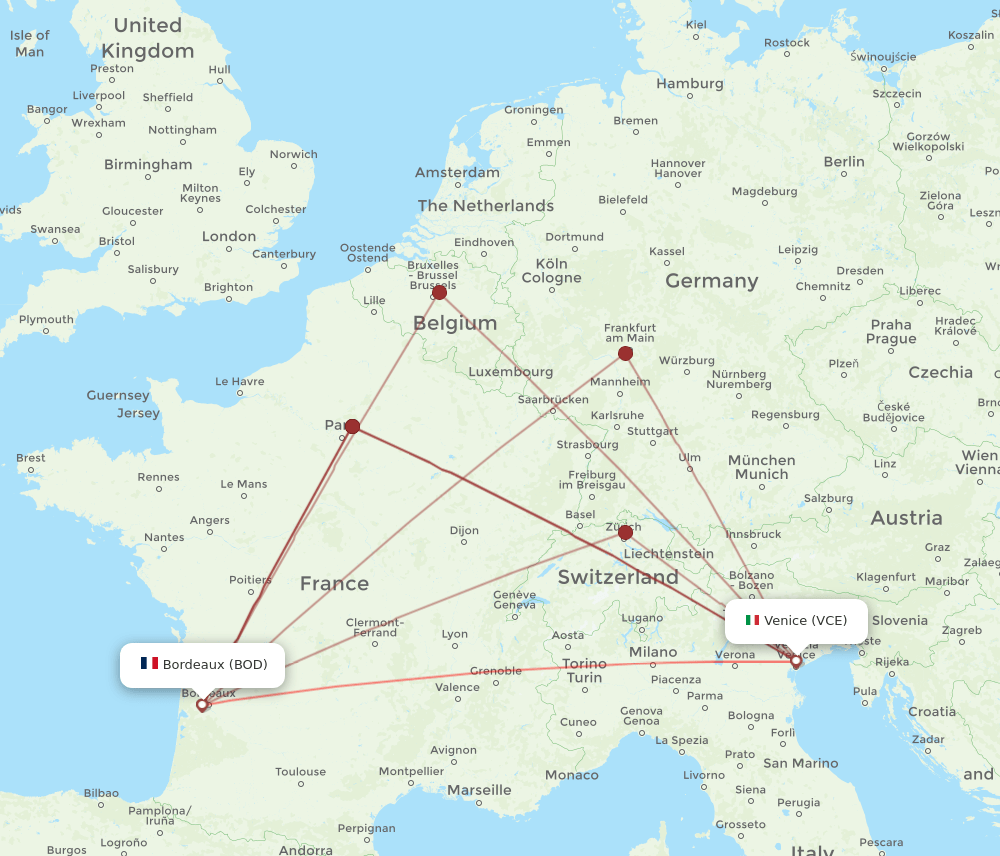 BOD to VCE flights and routes map