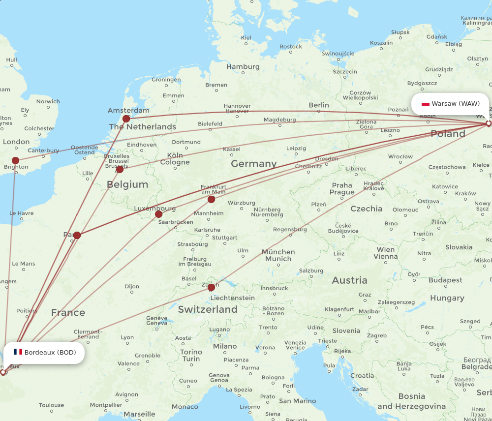 BOD-WAW flight routes
