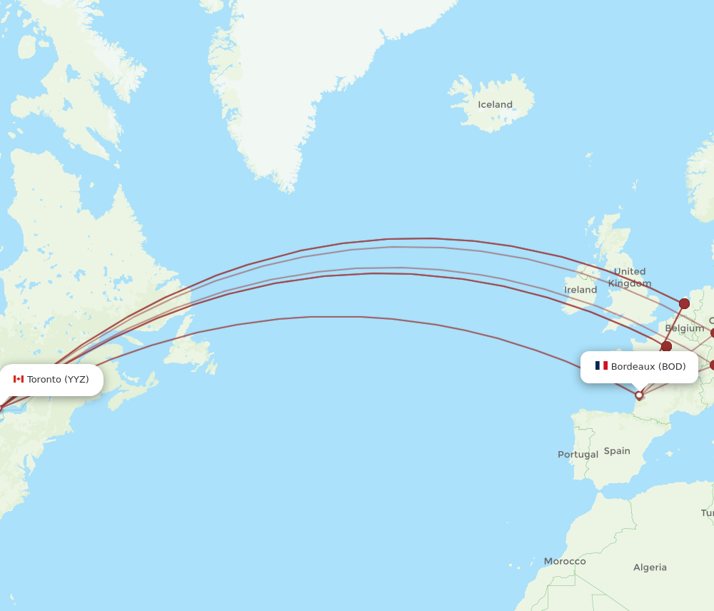 BOD to YYZ flights and routes map