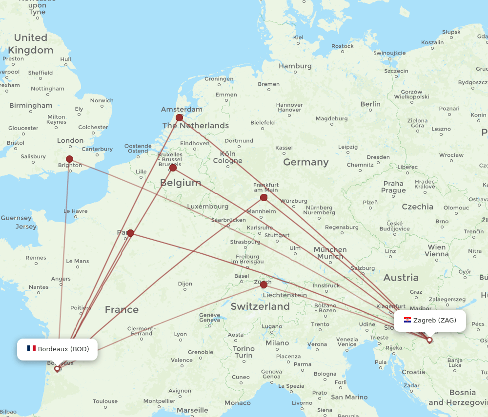 BOD to ZAG flights and routes map