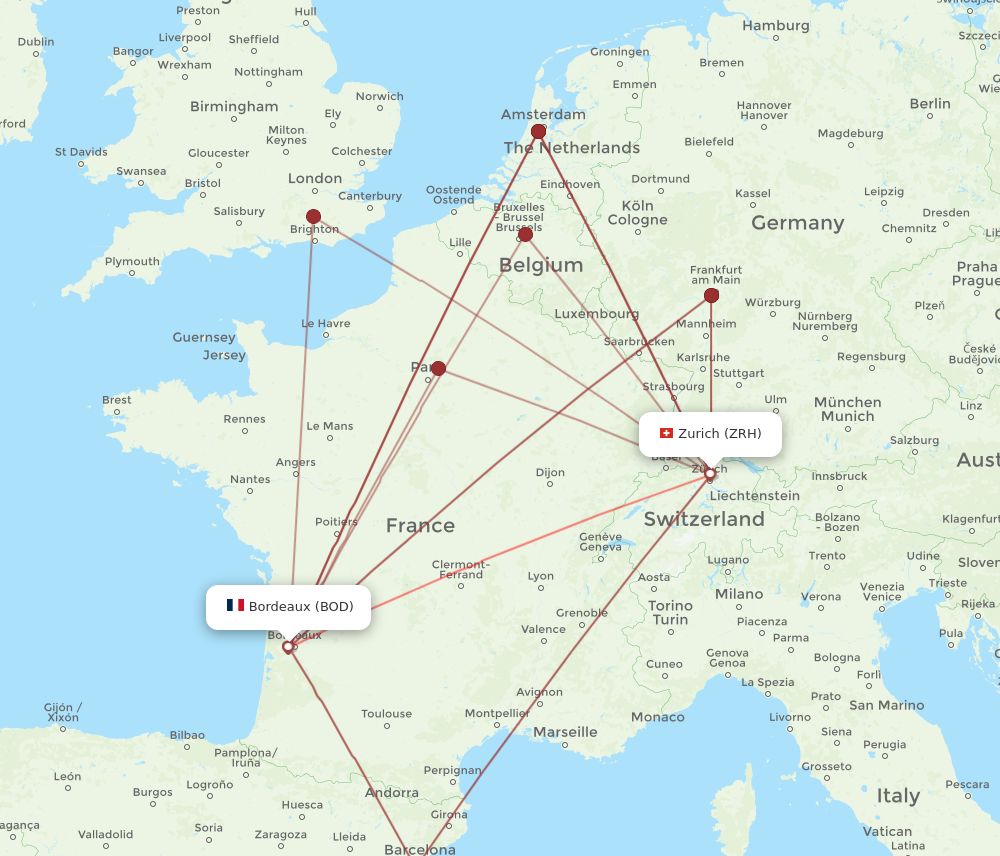 BOD to ZRH flights and routes map