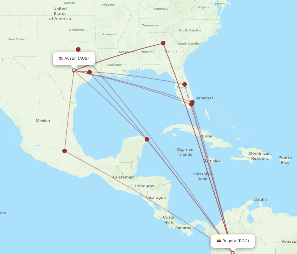 BOG to AUS flights and routes map