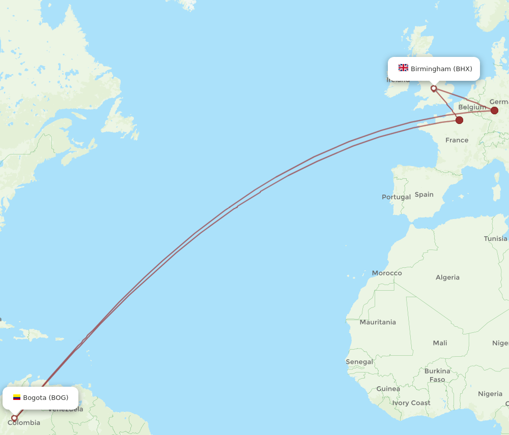 BOG to BHX flights and routes map