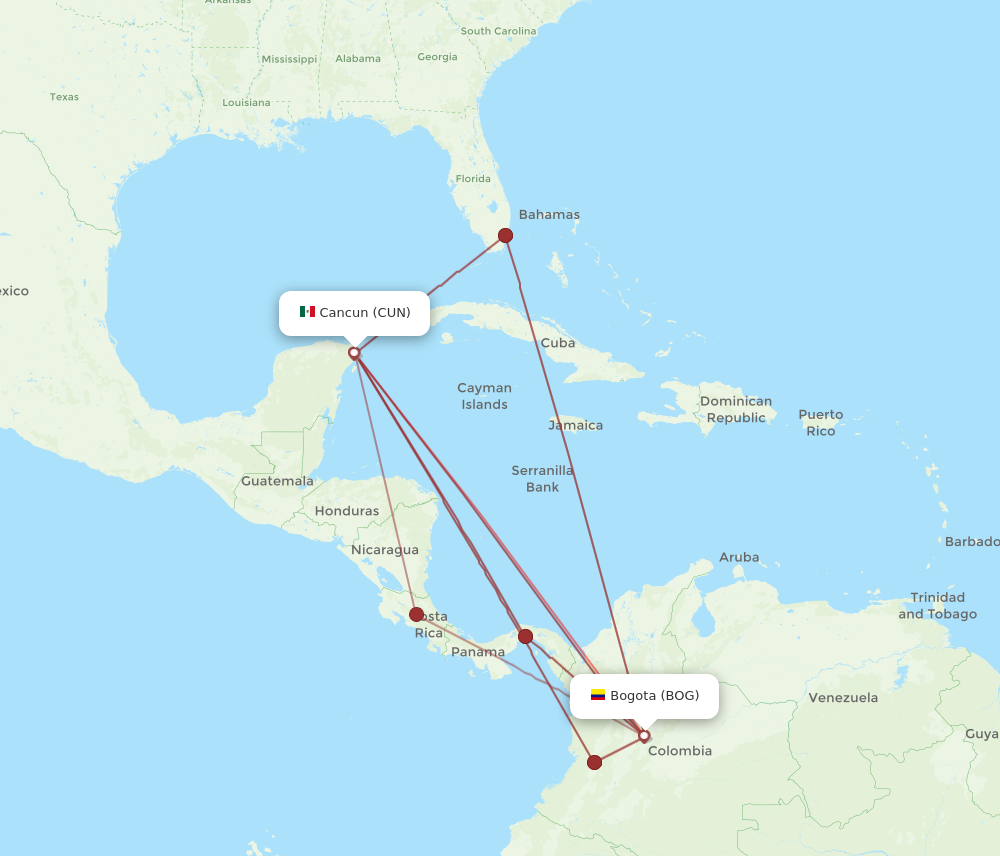 BOG to CUN flights and routes map