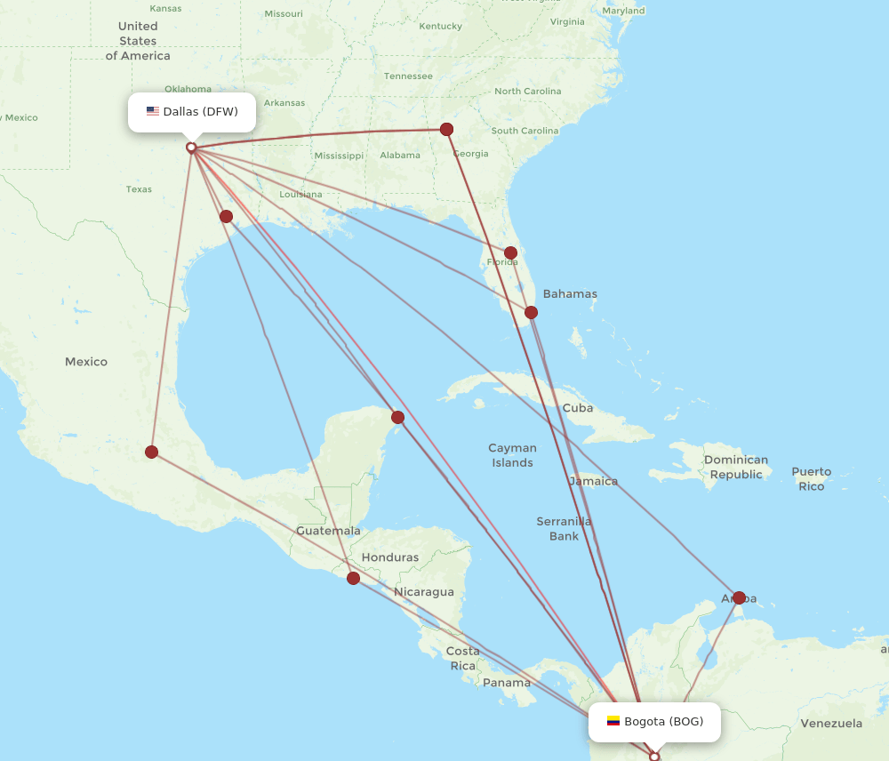 BOG to DFW flights and routes map