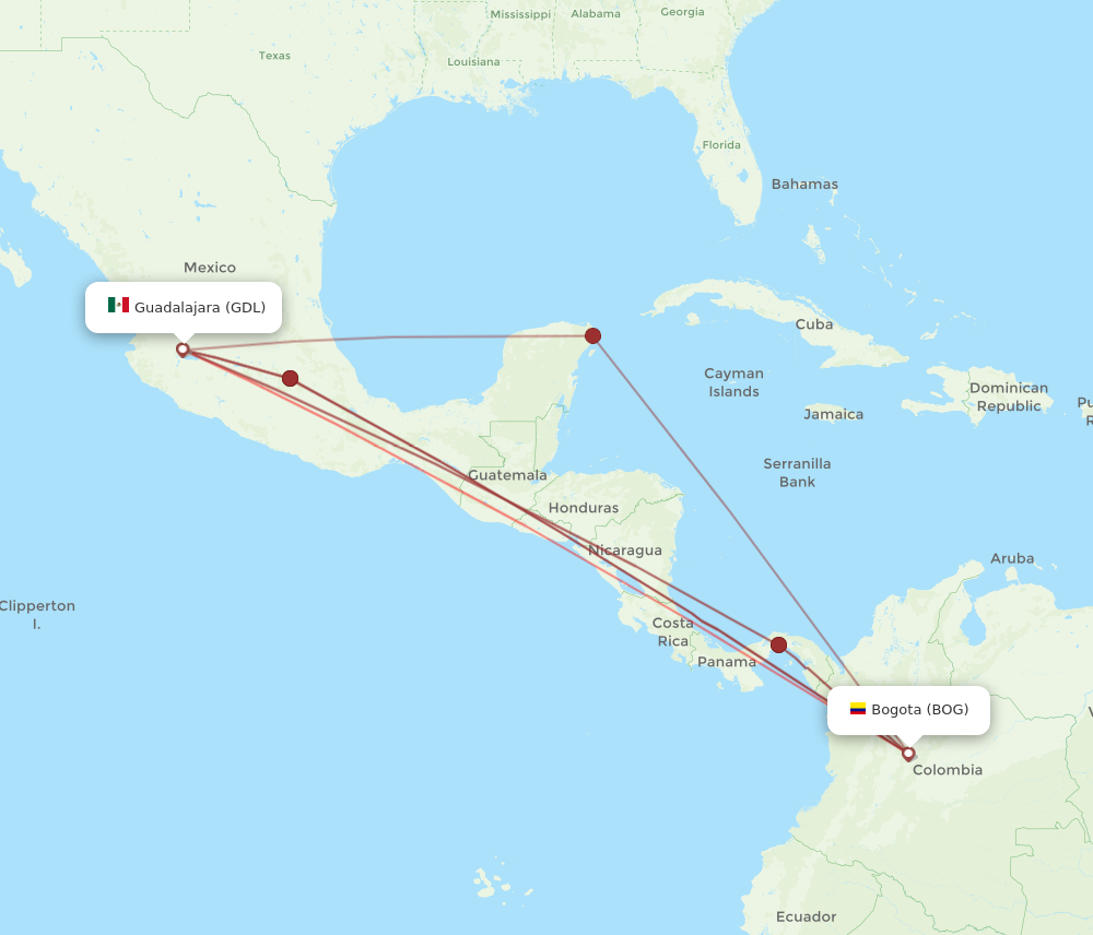 BOG to GDL flights and routes map