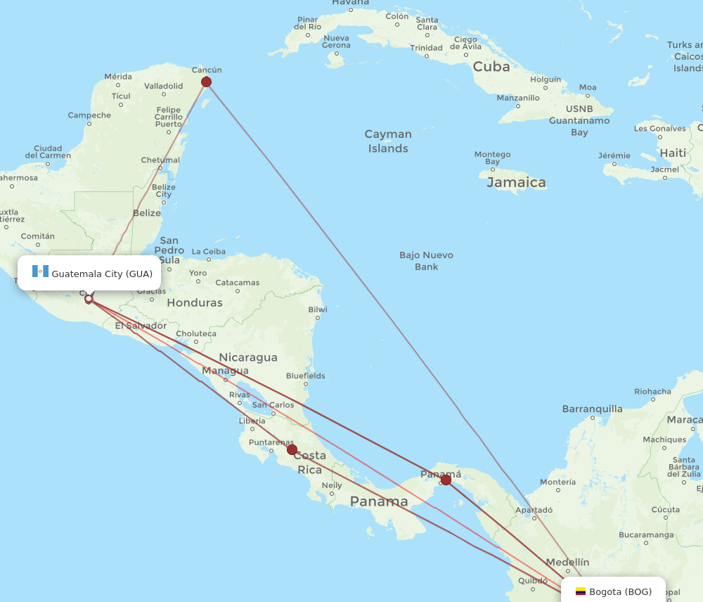 BOG to GUA flights and routes map