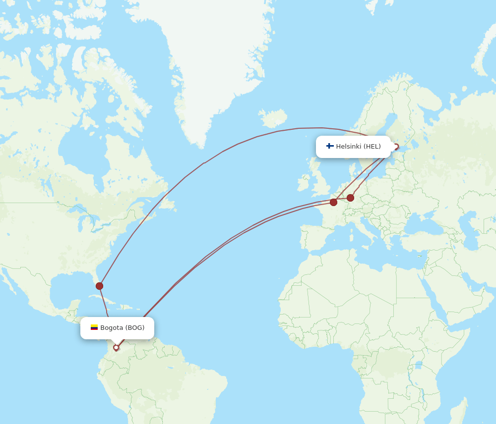 BOG to HEL flights and routes map