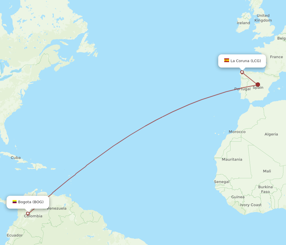 BOG to LCG flights and routes map