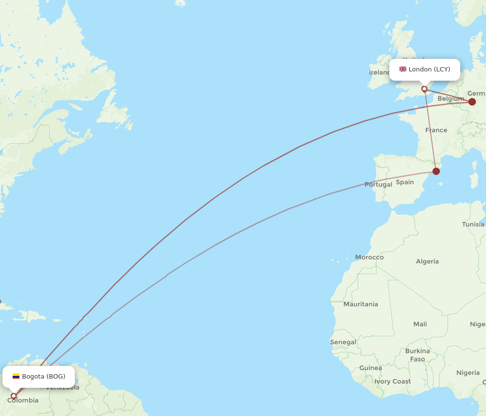 BOG-LCY flight routes