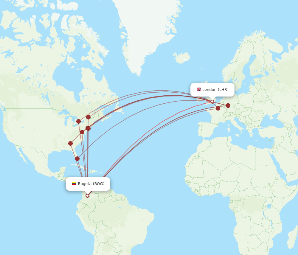 BOG to LHR flights and routes map