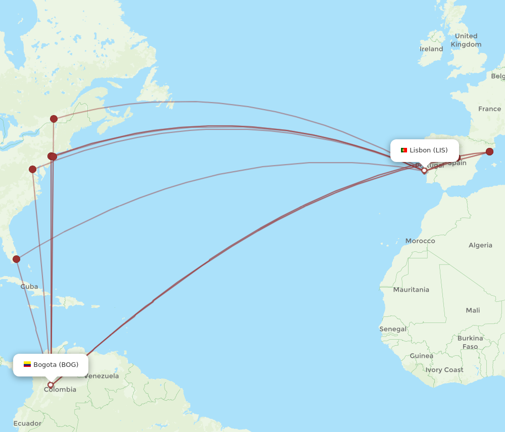 BOG to LIS flights and routes map