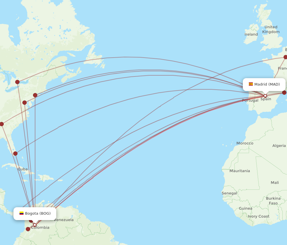 BOG to MAD flights and routes map