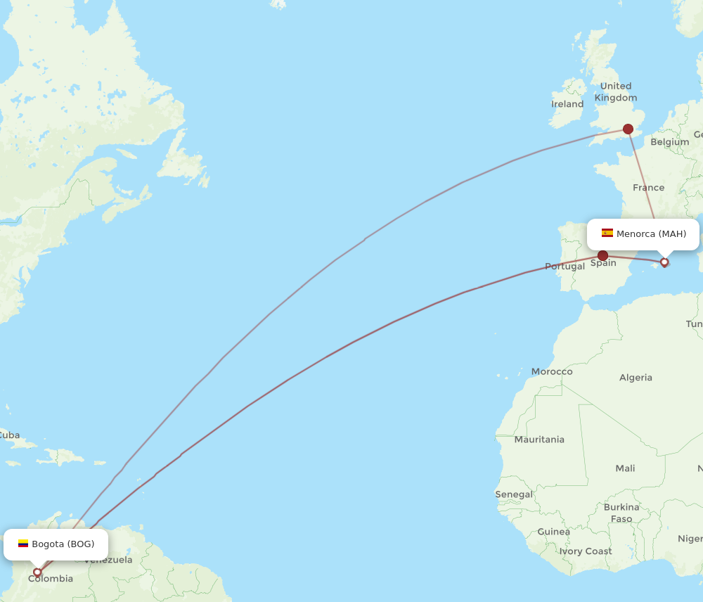 BOG to MAH flights and routes map