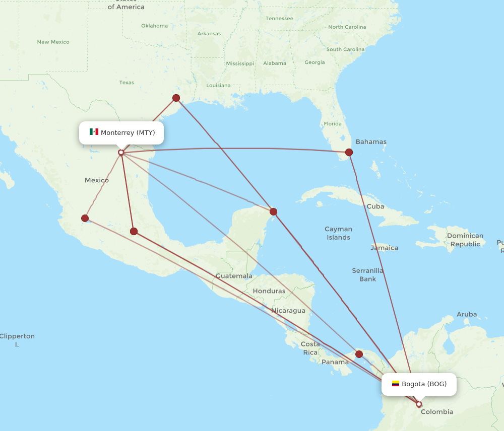 BOG to MTY flights and routes map