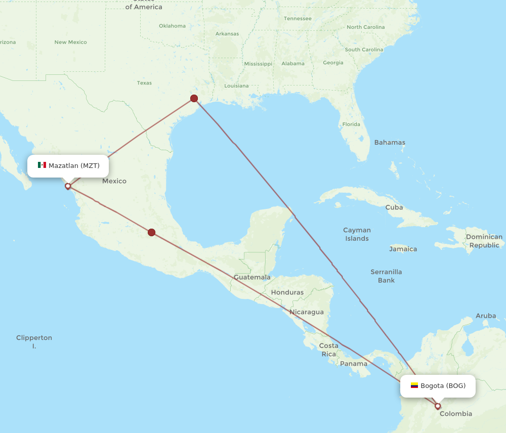 BOG to MZT flights and routes map