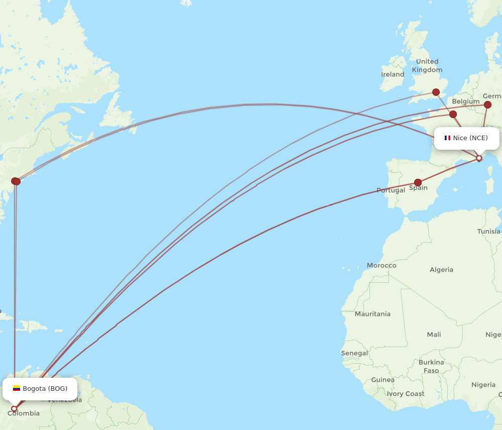 BOG to NCE flights and routes map