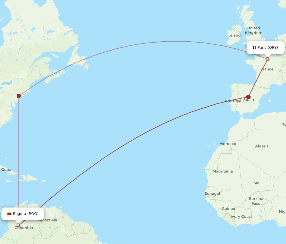 BOG to ORY flights and routes map