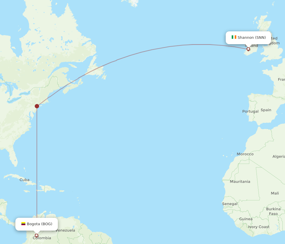 BOG to SNN flights and routes map