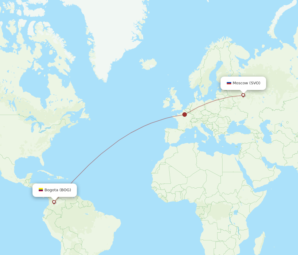 Bogota - Moscow route map and flight paths