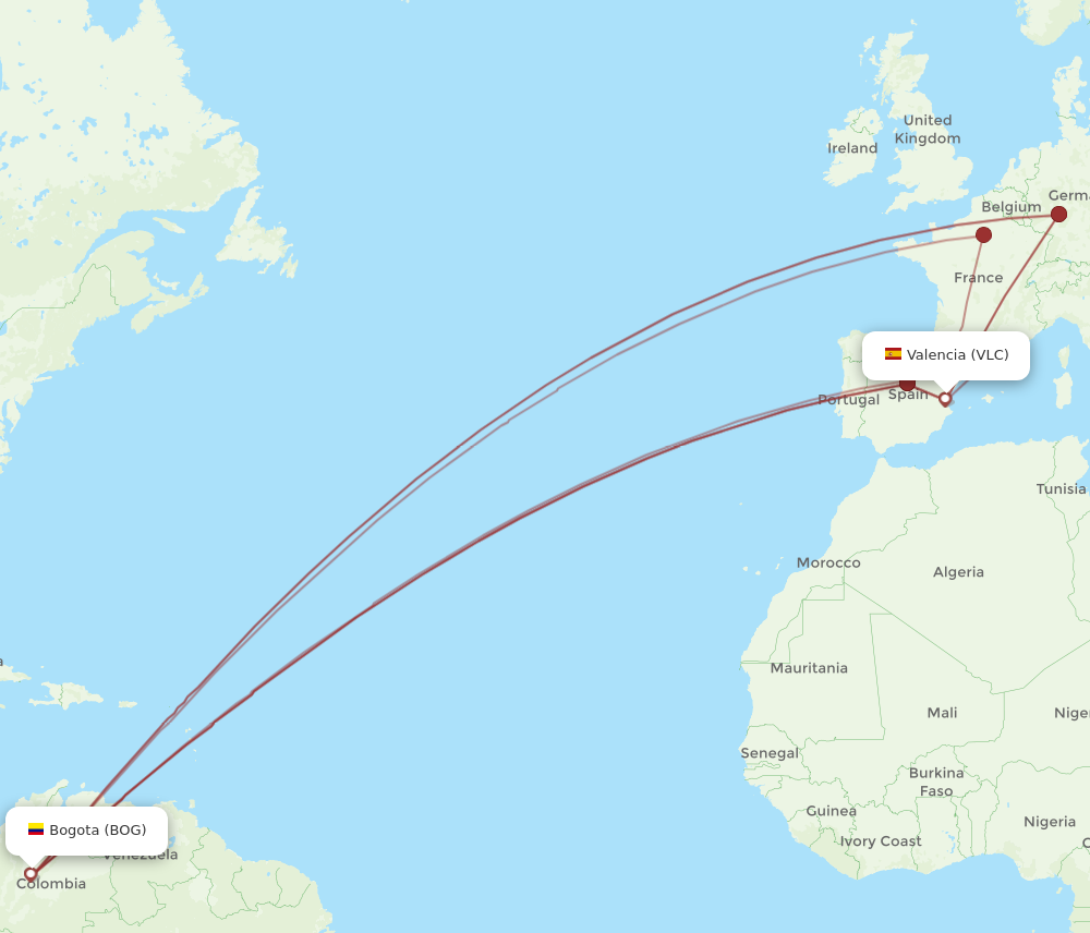 BOG to VLC flights and routes map