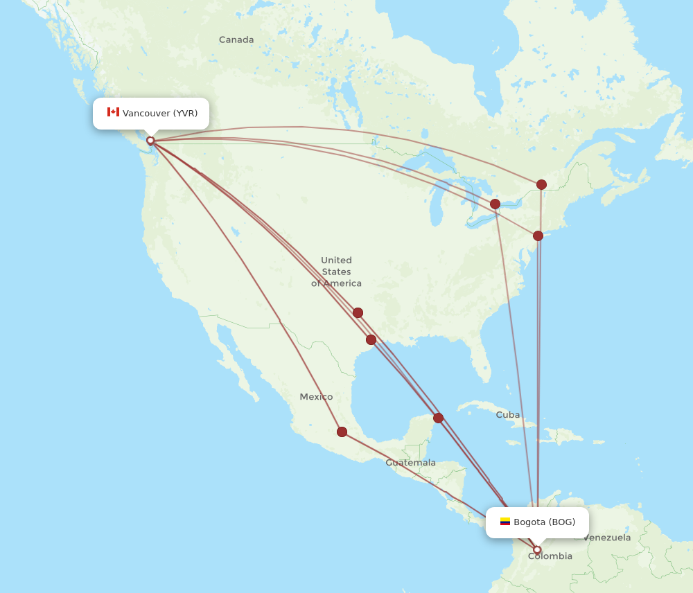 YVR to BOG flights and routes map