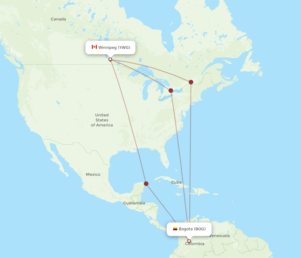 BOG-YWG flight routes