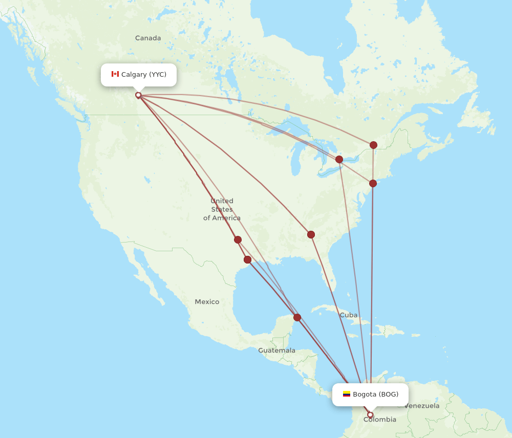 Calgary - Bogota route map and flight paths