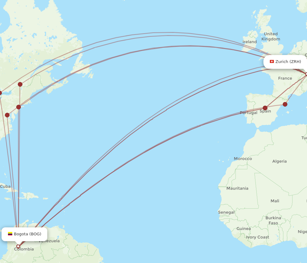 BOG to ZRH flights and routes map