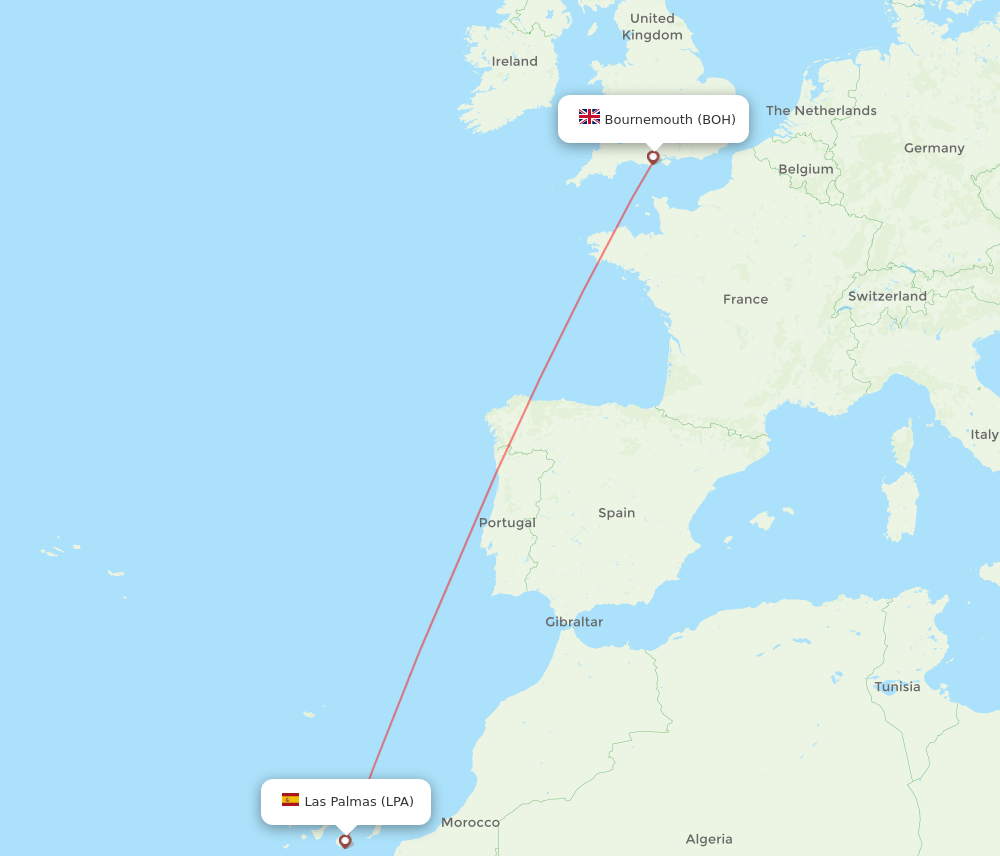 Bournemouth - Las Palmas route map and flight paths